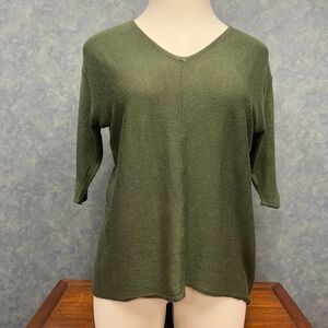 Anna Lane Olive Green V-Neck 3/4 Sleeve High-Low Hem Knit Top Casual Sweater